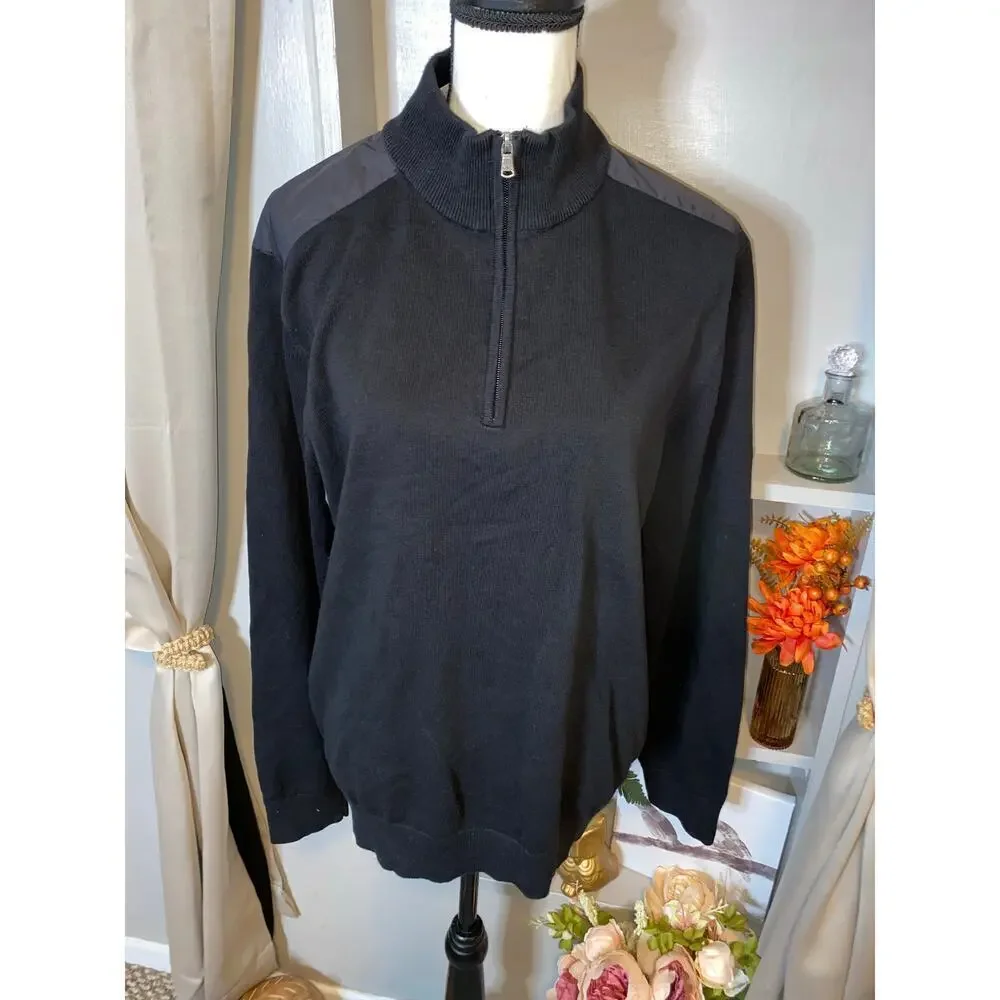 NWT Michael Kors New $128 Black Part Zip MK Logo 100% Cotton Long Sleeve Sweater